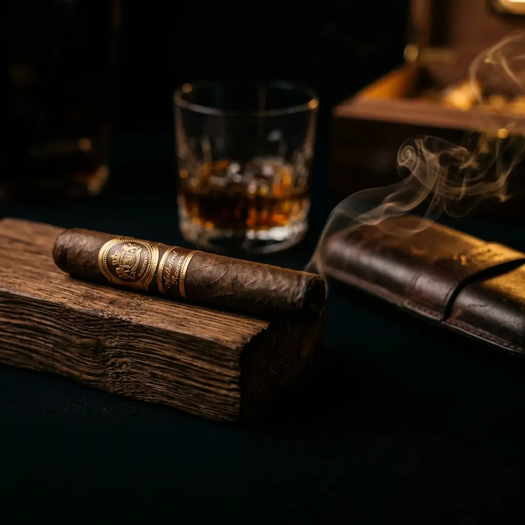 Premium handmade cigars resting on aged cedar wood