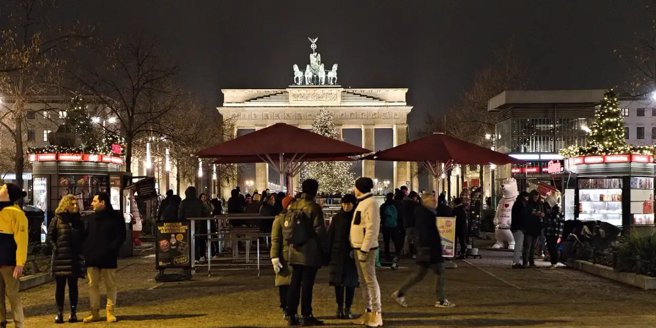 The Brandenburg Gate in Berlin, Germany, illuminated at night