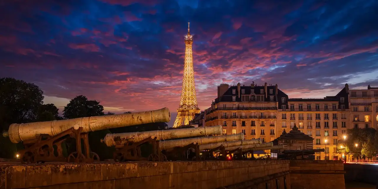 The Eiffel Tower in Paris, France, at sunset
