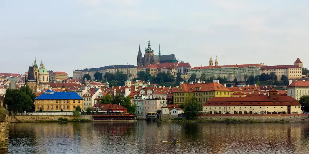 View of Prague Castle and Charles Bridge over the Vltava river, Czech Republic